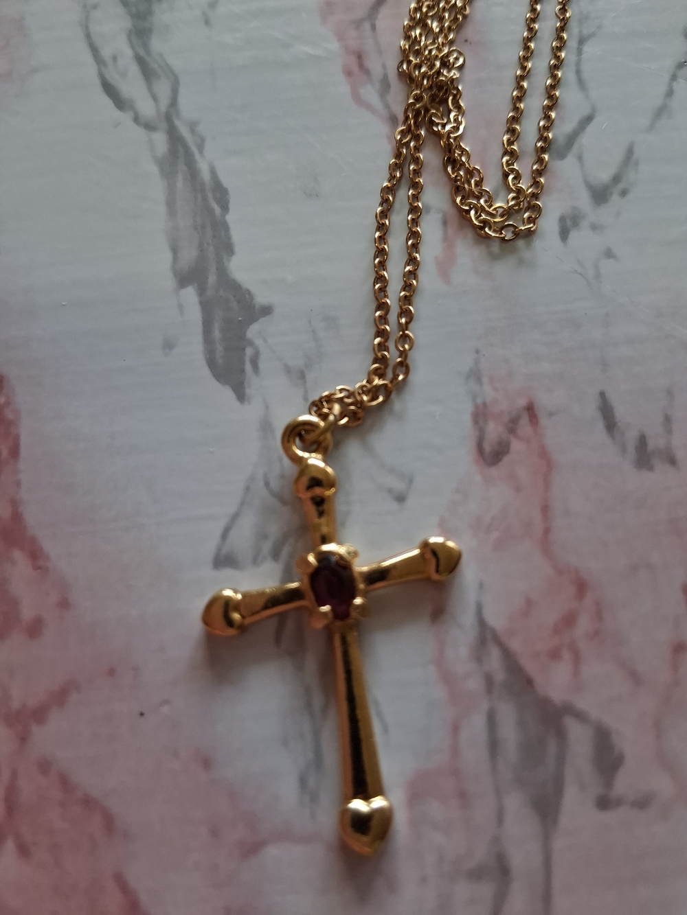 Source Unknown Gold Cross Necklace with Red Stone